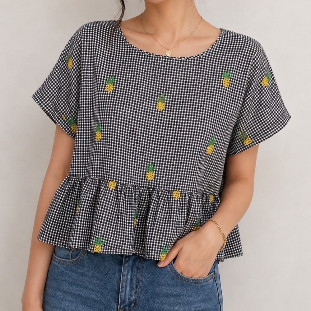 Sweet & Sunny Pineapple Gingham Peplum Top Womens Size Small
